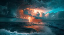 A Stormy Ocean With A Bright Lightning Bolt In The Sky. Scene Is Intense And Dramatic