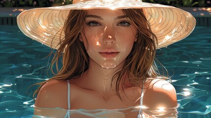 Wall Mural - An attractive girl sits by the pool enjoying summer's sun and relaxing