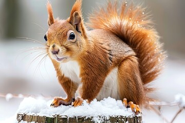 Wall Mural - a red squirrel is standing on a piece of wood in the snow with it's front paws on the top of a fence post and looking at the camera.