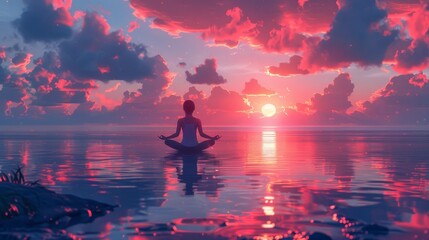 Wall Mural - Animated illustration showing a yogi girl doing yoga at sunrise or sunset