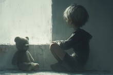 A Child Sits On The Floor In An Old Dark Room, Looking At His Teddy Bear That Is Sitting Next To Him. The Atmosphere Of Fear Fills Every Corner Of The Mind As You Know Something Bad Will Happen. 