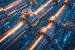 A closeup of copper pipes in an industrial setting, showcasing their advanced technology and design with visible valves and gauges.
