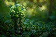 Eco-Friendly Conceptual Art of a Green Leaf in a Light Bulb Amidst Foliage, Emphasizing Sustainability