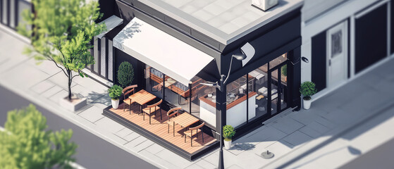 isometric view of facade сoffee shop, cafe store, bar or restaurant with counter, glass windows. sho