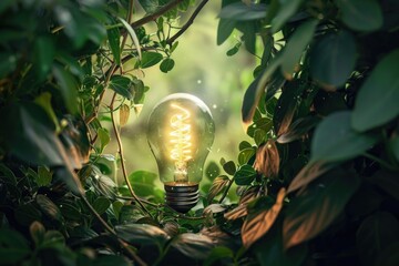 Eco-friendly concept with glowing light bulb nestled in lush greenery symbolizing sustainable energy