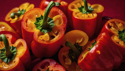 Bell pepper slices on a vibrant red background, crunchy and colorful red bell pepper.