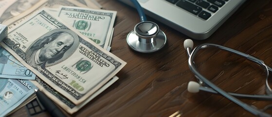 stethoscope with stack of money on a desk, medical and pharmaceutical business. Generative IA