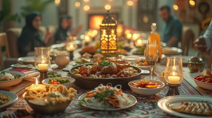 Wall Mural - Festive Eid al-Adha Dinner Spread with Family Gathered Around the Table