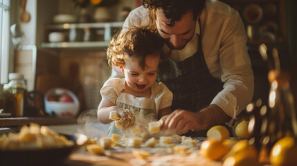 Wall Mural - Delightful Father and Child Baking Together in a Homely Kitchen Setting