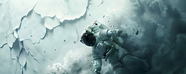 Wall Mural - An astronaut seems to be entering into a galactic universe scene through a torn white wall, adventure concept.