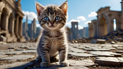 Wall Mural - A kitten on the ruins of the city after the earthquake