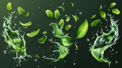 Poster - A splash of green tea with mint and matcha isolated on a transparent background. Modern realistic set of falling and flowing liquids, menthol drink, cold tea with peppermint leaves.