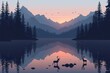beautiful wildlife landscape with lake mountains and forest at sunset 