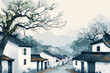 Chinese ink painting style Jiangnan rural spring illustration, spring village rural scene illustration