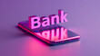 Isometric 3D render of word “Bank” placed on smartphone with gradient background, online banking or digital wallet concept