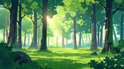 Wall Mural - Cartoon forest background, nature landscape with deciduous trees, moss on rocks, grass, bushes, and spots of sunlight on the ground. Wood parallax natural scene in the summer or spring.