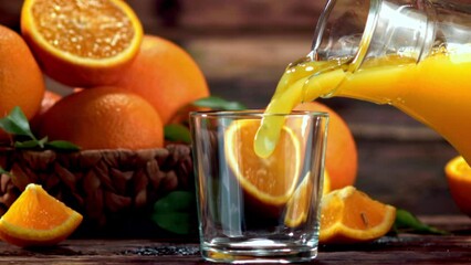 Poster - Super slow motion orange juice pours with a stream. Filmed at 1000 fps. High quality FullHD footage