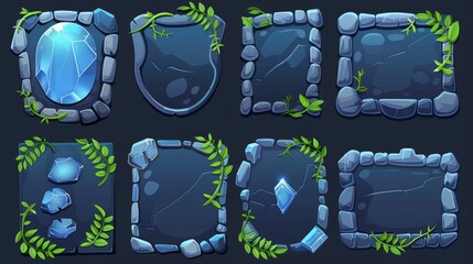 Poster - menu boards with vines on stone. tablets, buttons, cartoon interface plaques, frames and arrows of r