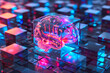 A glass colourful brain illumintaed on a background of cubes that are like switches illuminated