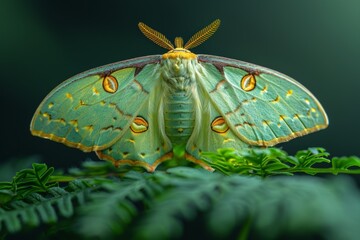 Canvas Print - Green moth perched on lush leaves in a serene forest environment during daylight hours showcasing intricate wing patterns and details