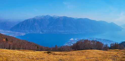 Canvas Print - Panorama of Lake Magiore and Alps from Cimetta Mount cable car, Ticino, Switzerland