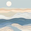 Abstract landscape with layered hills and wavy lines representing water, in a pastel color palette with a minimalist sun.