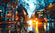 Urban cyclist commuting on bicycle in city at dusk, with traffic and public transportation in background, promoting eco friendly mobility and sustainable transportation alternatives to cars