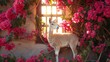   A sheep before a window, outside view of pink blooms, window transparency reveals interior