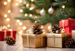 Christmas gift boxes and pinecones, bokeh blur Xmas tree background, celebration time, happy new year party