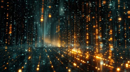 Poster - A 3D rendering of a scientific technology binary code matrix conveying connectivity, complexity, and data flood of modern digital technology