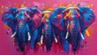  A trio of elephants depicted with vibrant paint splatters adorning their head creases and tusks
