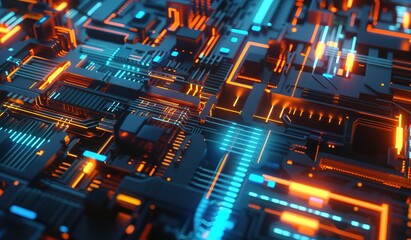 Poster - Futuristic circuit board with glowing orange and blue lights, detailed view of advanced technology components