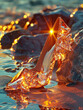 Crystal-Studded High Heel with Sparkles Reflecting Sunset Over Seashore for a Luxury Style Concept