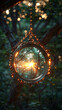 Enchanted Mirror with Twinkling Fairy Lights Reflecting a Mystical Forest at Sunset