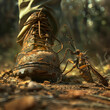 Intricate 3D Art of a Giant Ant Confronting a Worn Boot in a Sunbeam-Filled Forest