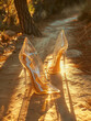 Transparent High Heels on Sunlit Sandy Path Through Woods Capturing Essence of Elegance and Adventure