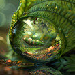 Intricate 3D Render of a Dewdrop Magnifying a Caterpillar on a Fern Leaf