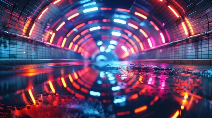 Poster - Detailed rendering of curved tunnel with glowing leds on the ceiling and a reflection from a puddle on the wet dark surface of the street. Concept for fast business technology, car advertising