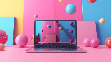Poster - Featured in 3D are a laptop and colorful graphic elements that advertise and promote a business.