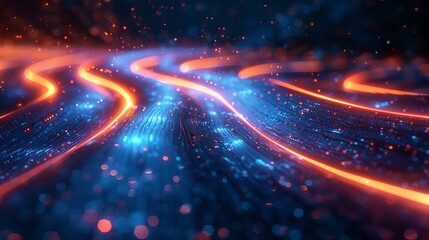 Poster - A blue and orange neon stream flows across a high tech abstract curve background with striped creative texture. Rays of light are in motion through cyberspace. 3D illustration.