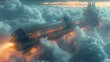 3D rendering of a flying passenger train with futuristic sci fi city in the clouds. Aerial fantastic view of a future city. Utopia. Concept of the future.