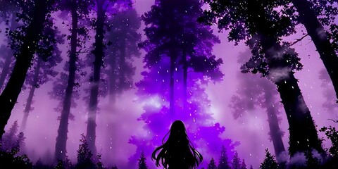 Poster - Anime girl against a forest background, purple glow, anime background, dark aura