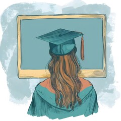 Wall Mural - A digital in a watercolor style depicts a young adult female with long hair wearing a graduation cap and gown participating