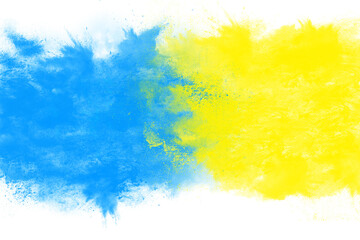 Wall Mural - Acrylic dry paint splatter explosion of blue and yellow paint on a white background. Mixing colors. Splashes of paint, creative