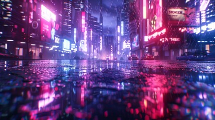 Aufkleber - Rendering of neon megacity with light reflecting from puddles on street heading toward buildings. Concept for night life, business district center (CBD), cyber punk theme, tech background.
