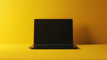 Fototapete - Black 3D laptop with shadow on yellow background. Modern illustration.