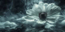   A White Bloom Atop Tranquil H2O, Beside Fire And Ice Backdrop - Black And White