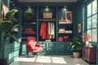 High-end fashion boutique, chic, detailed, luxury, illustration