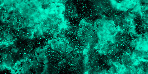 Poster - Abstract dynamic particles with soft blue clouds on dark background. Space hand painted watercolor background with aquarelle light mint color splash. Watercolor fantastic and grungy background.	
