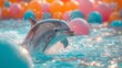 Nostalgic dolphin jumping through hoops at a sun-drenched 70s beach party